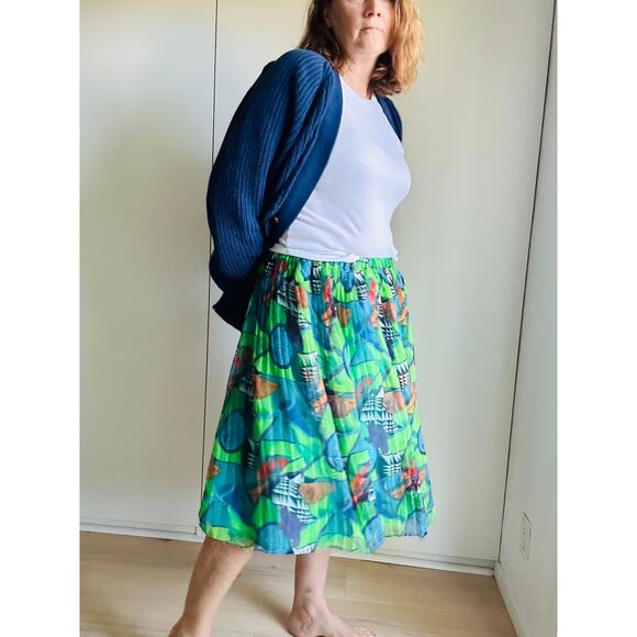 Vintage 90s Graphic Print Pleated skirt Size M Green/Blue Mixed Prints Statement - Picture 3 of 8
